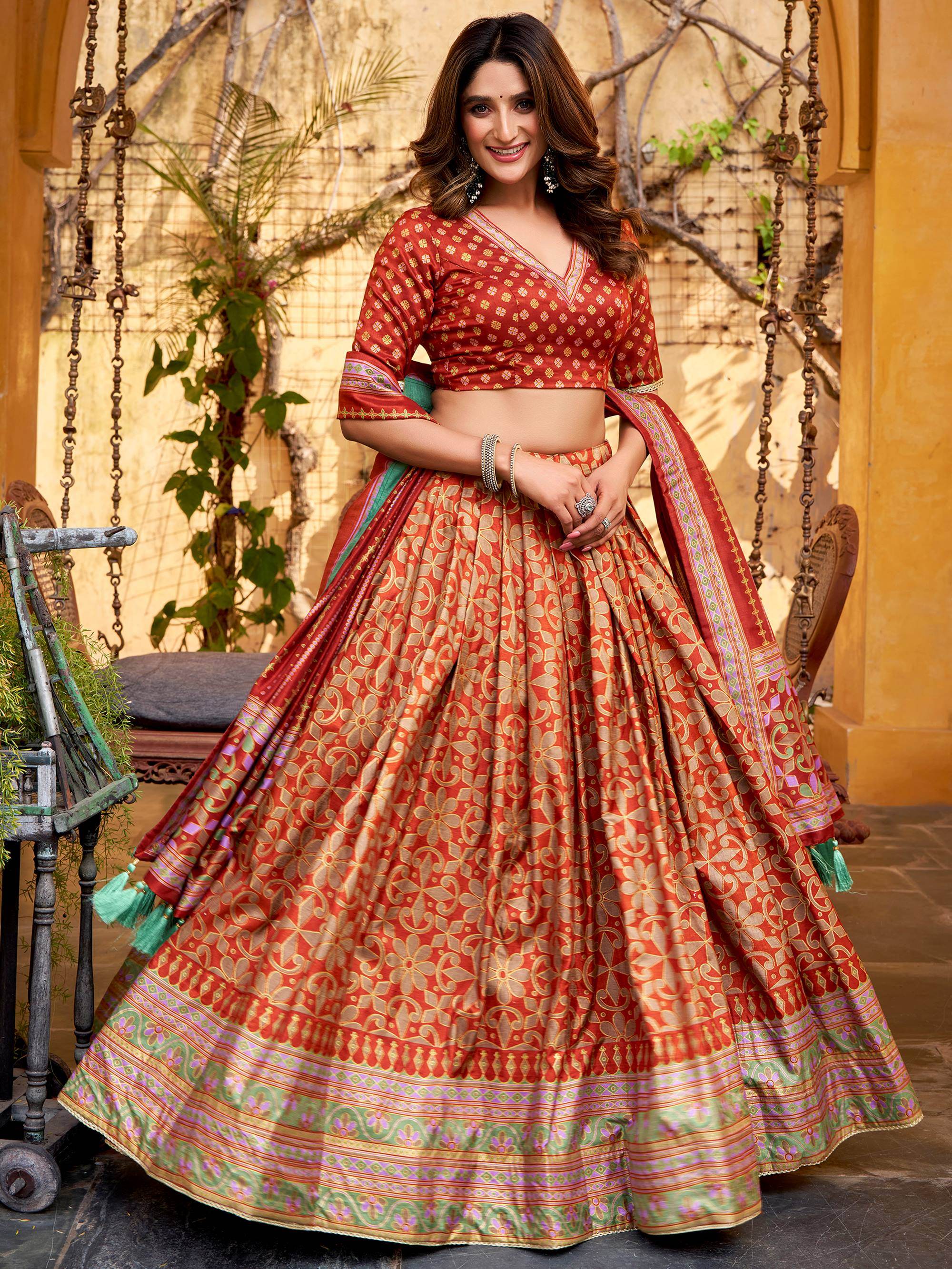 Captivating Orange Digital Printed Silk Function Wear Lehenga Choli