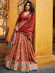 Captivating Orange Digital Printed Silk Function Wear Lehenga Choli