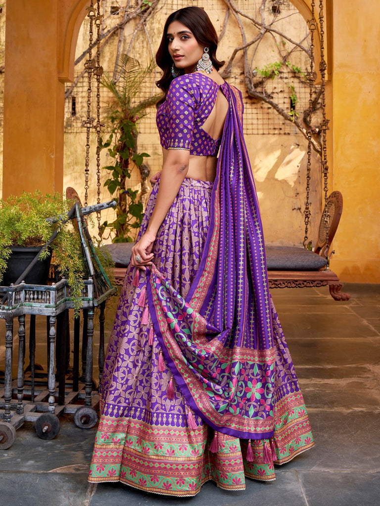Elegant Purple Digital Printed Silk Wedding Wear Lehenga Choli