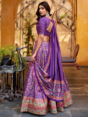 Elegant Purple Digital Printed Silk Wedding Wear Lehenga Choli