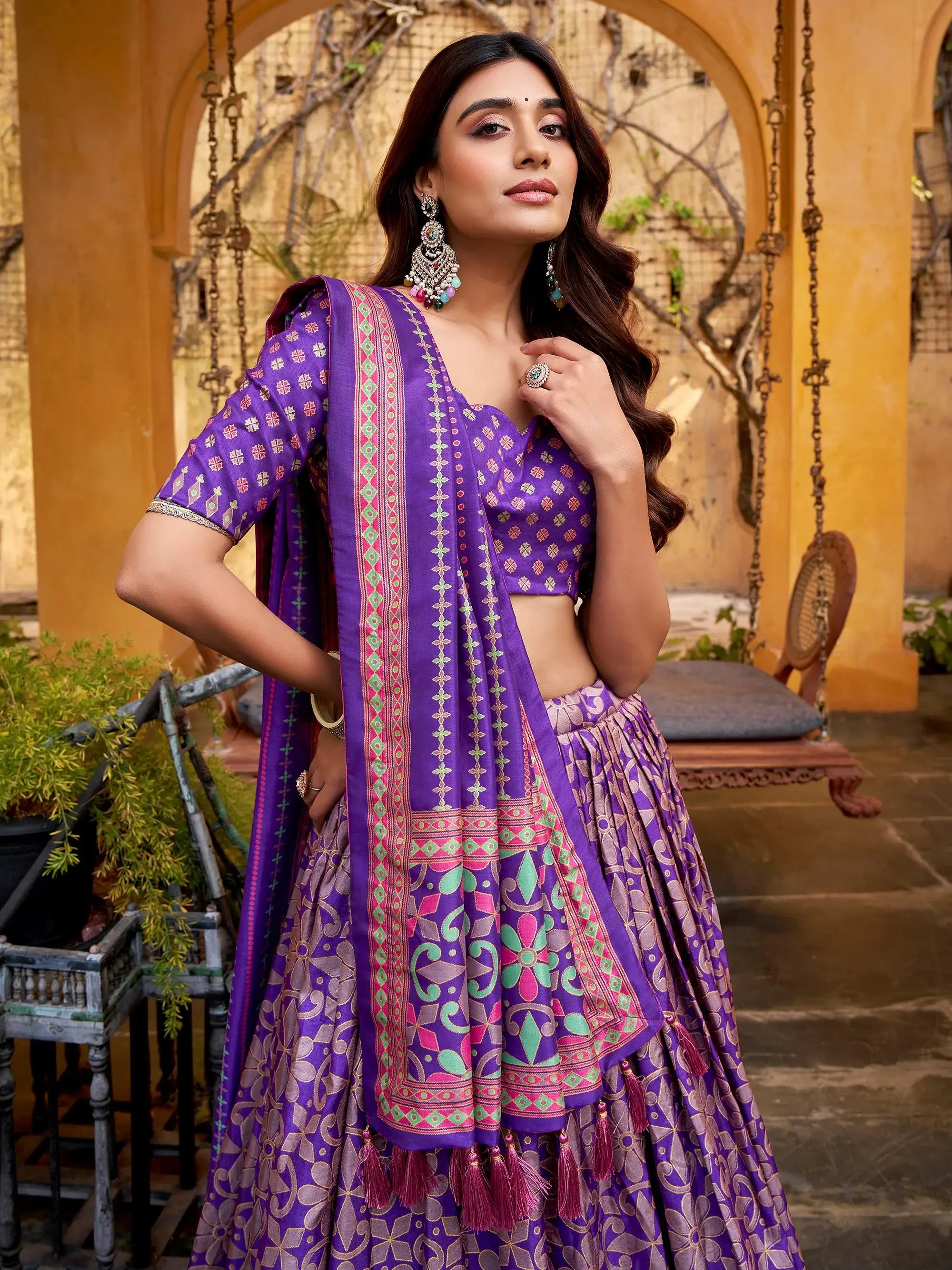 Elegant Purple Digital Printed Silk Wedding Wear Lehenga Choli