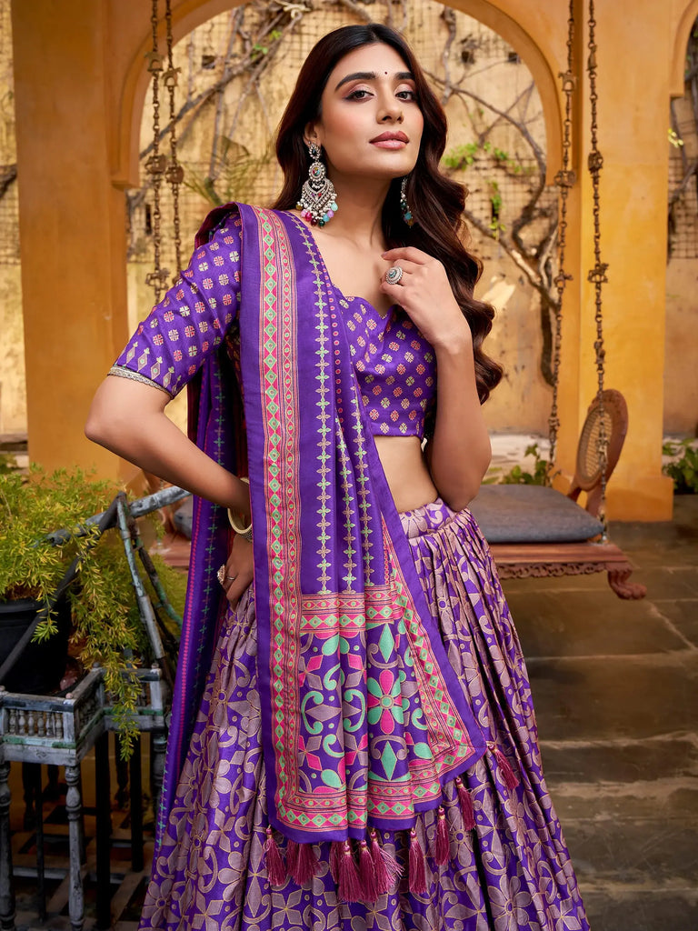 Elegant Purple Digital Printed Silk Wedding Wear Lehenga Choli