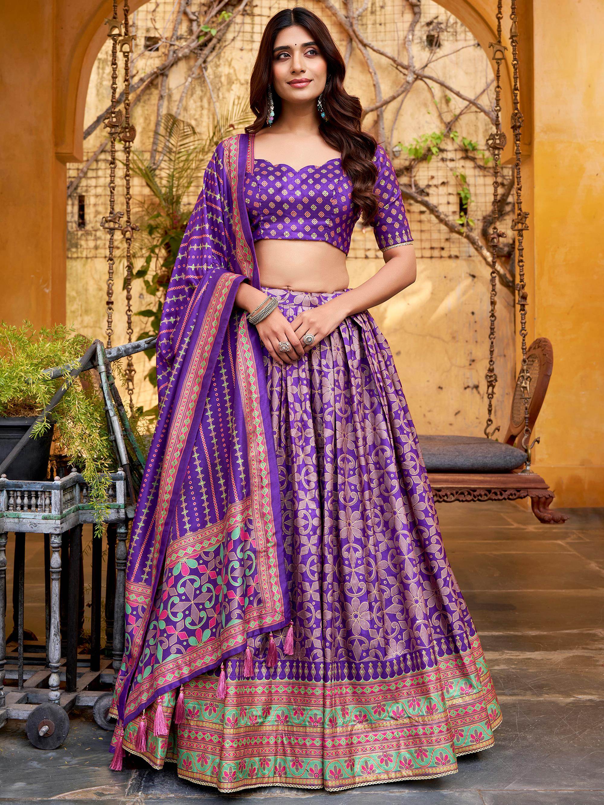 Elegant Purple Digital Printed Silk Wedding Wear Lehenga Choli