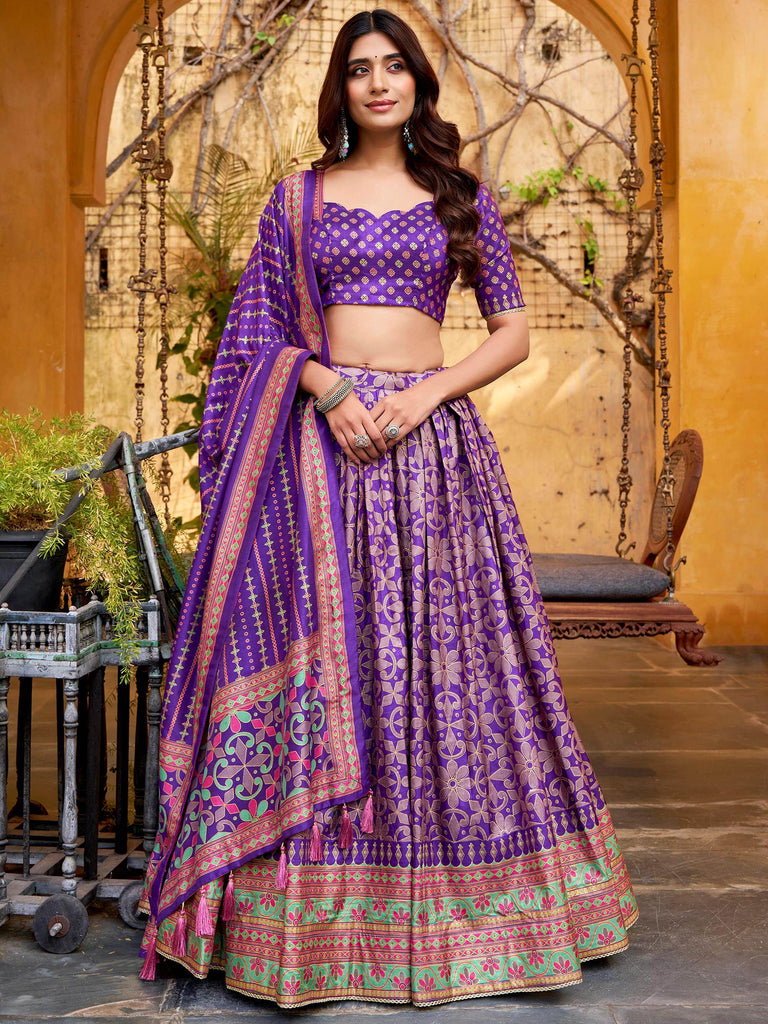 Elegant Purple Digital Printed Silk Wedding Wear Lehenga Choli