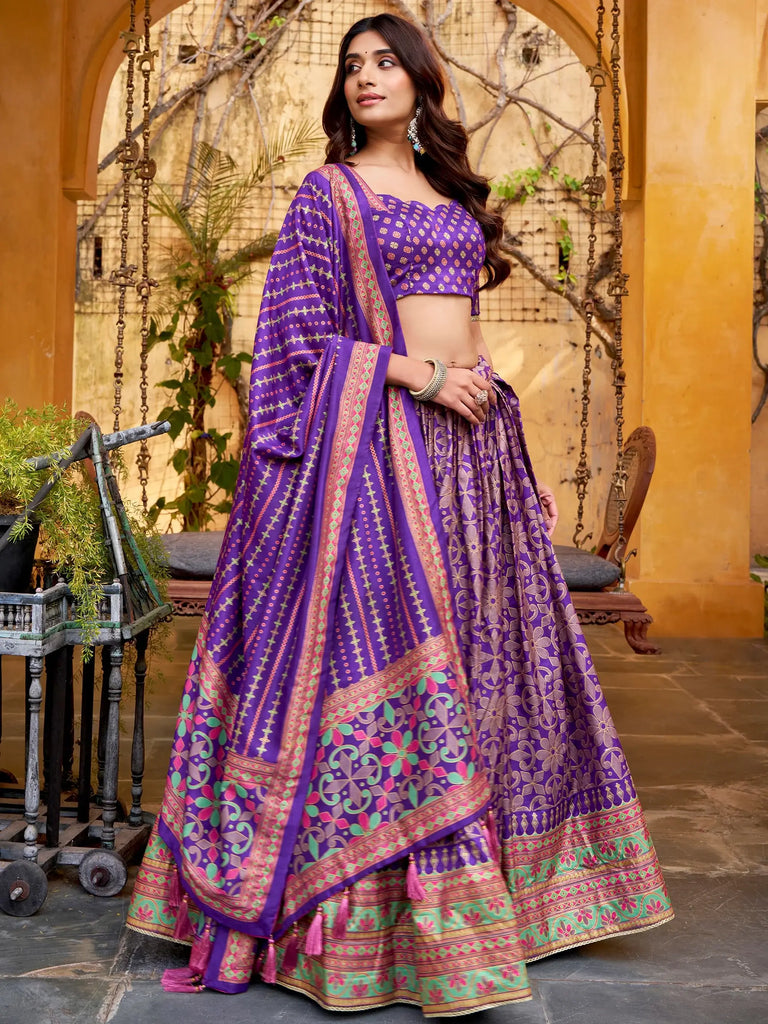 Elegant Purple Digital Printed Silk Wedding Wear Lehenga Choli