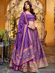 Elegant Purple Digital Printed Silk Wedding Wear Lehenga Choli