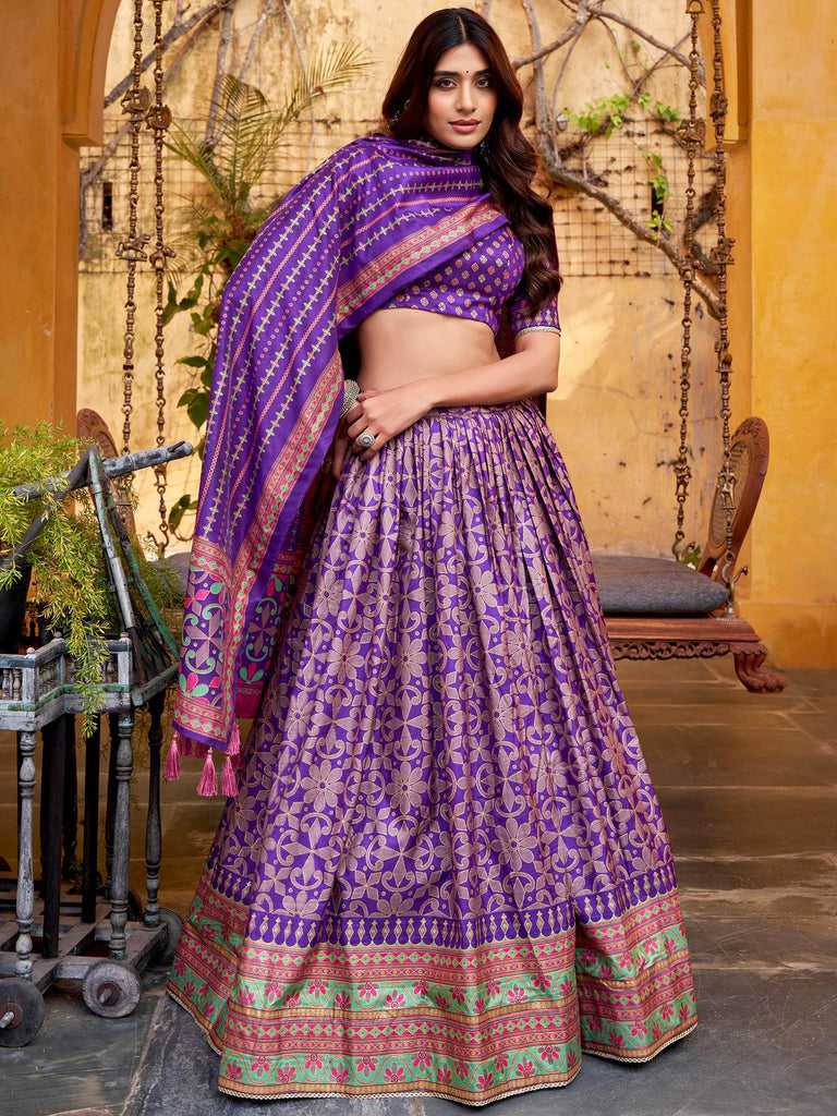 Elegant Purple Digital Printed Silk Wedding Wear Lehenga Choli