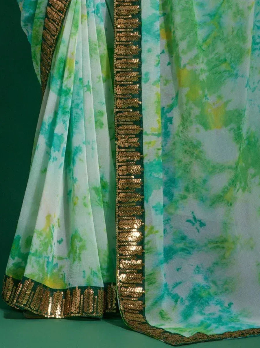 Green and white tie-dye saree with gold sequin border, ethnic Indian wear