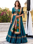 Dazzling Teal Blue Embroidered Silk Wedding Wear Lehenga Choli