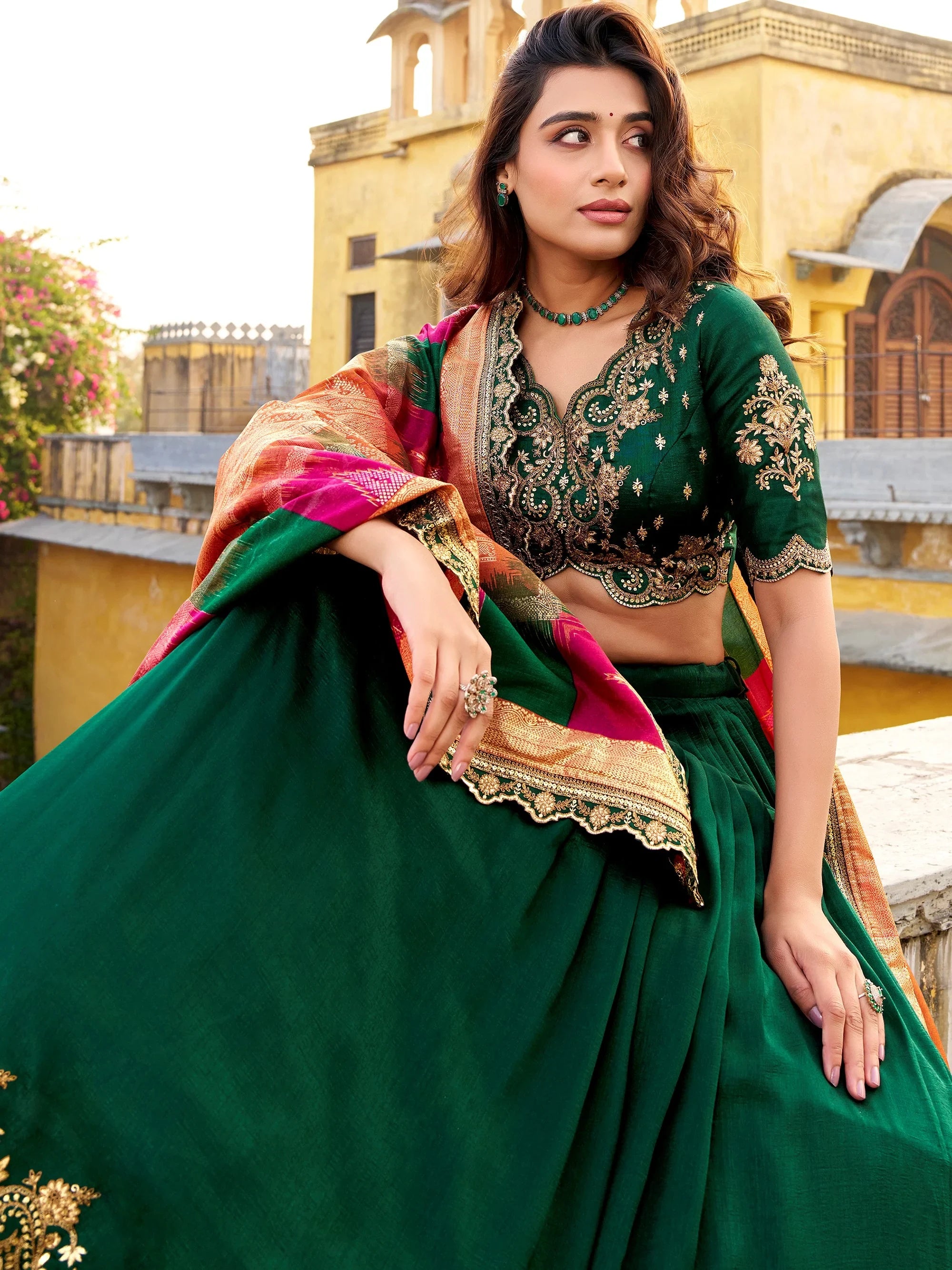 Stunning Green Embroidered Silk Engagement Wear Lehenga Choli