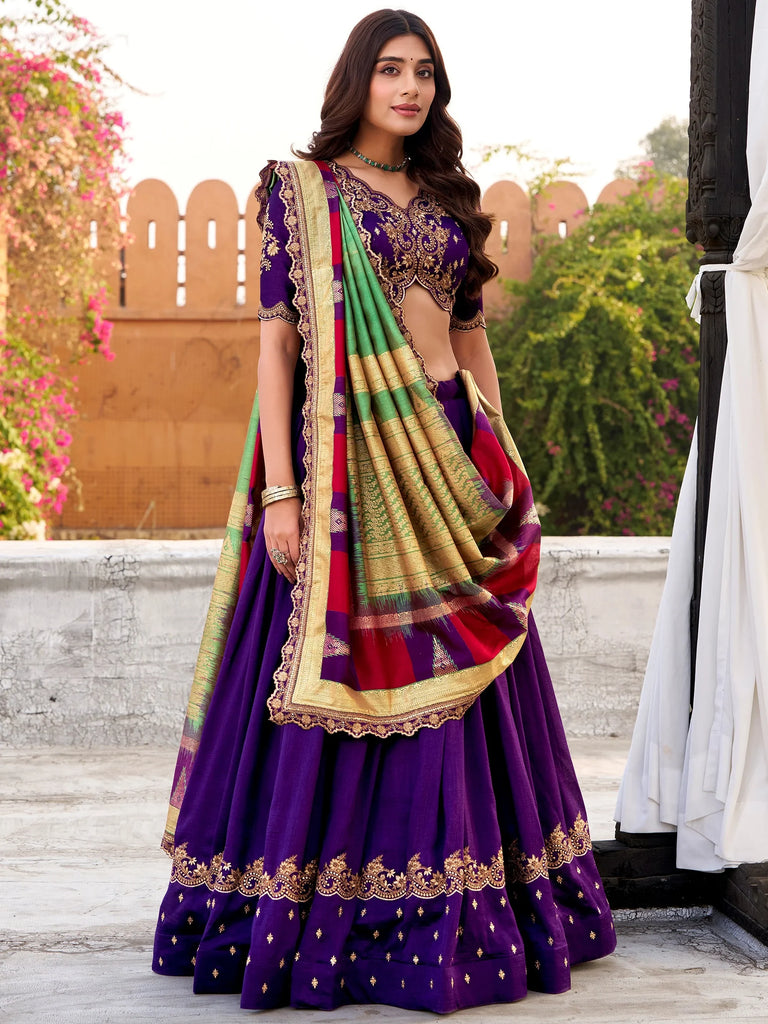 Impressive Purple Embroidered Silk Festival Wear Lehenga Choli