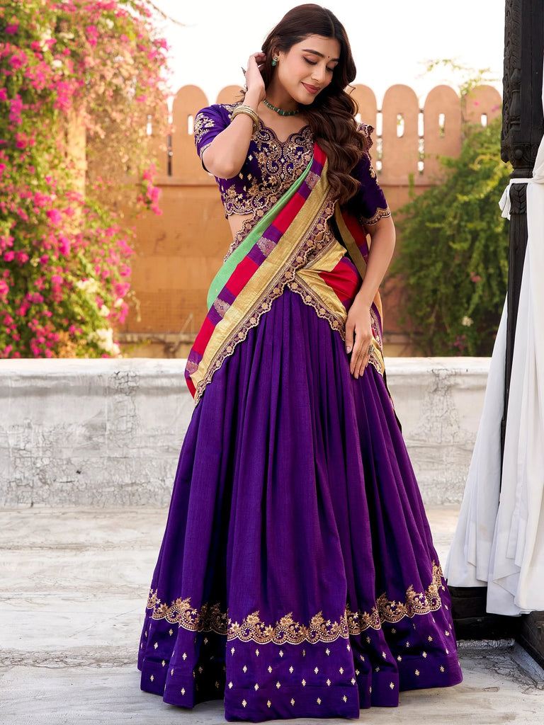 Impressive Purple Embroidered Silk Festival Wear Lehenga Choli