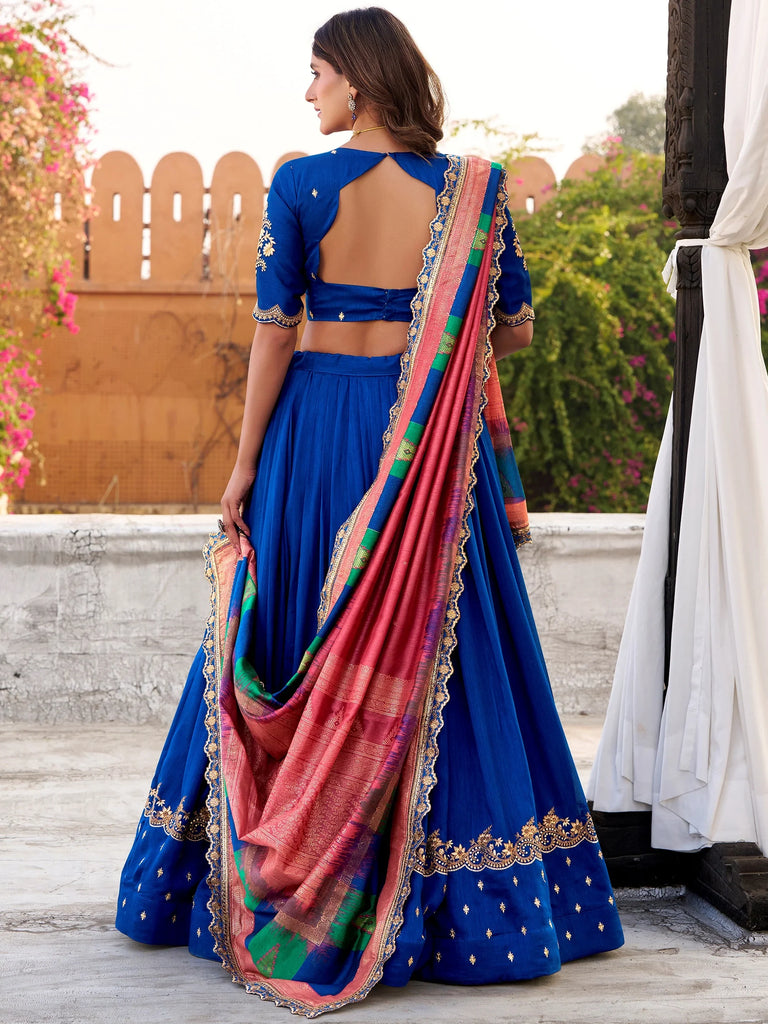 Attractive Blue Embroidered Silk Engagement Wear Lehenga Choli