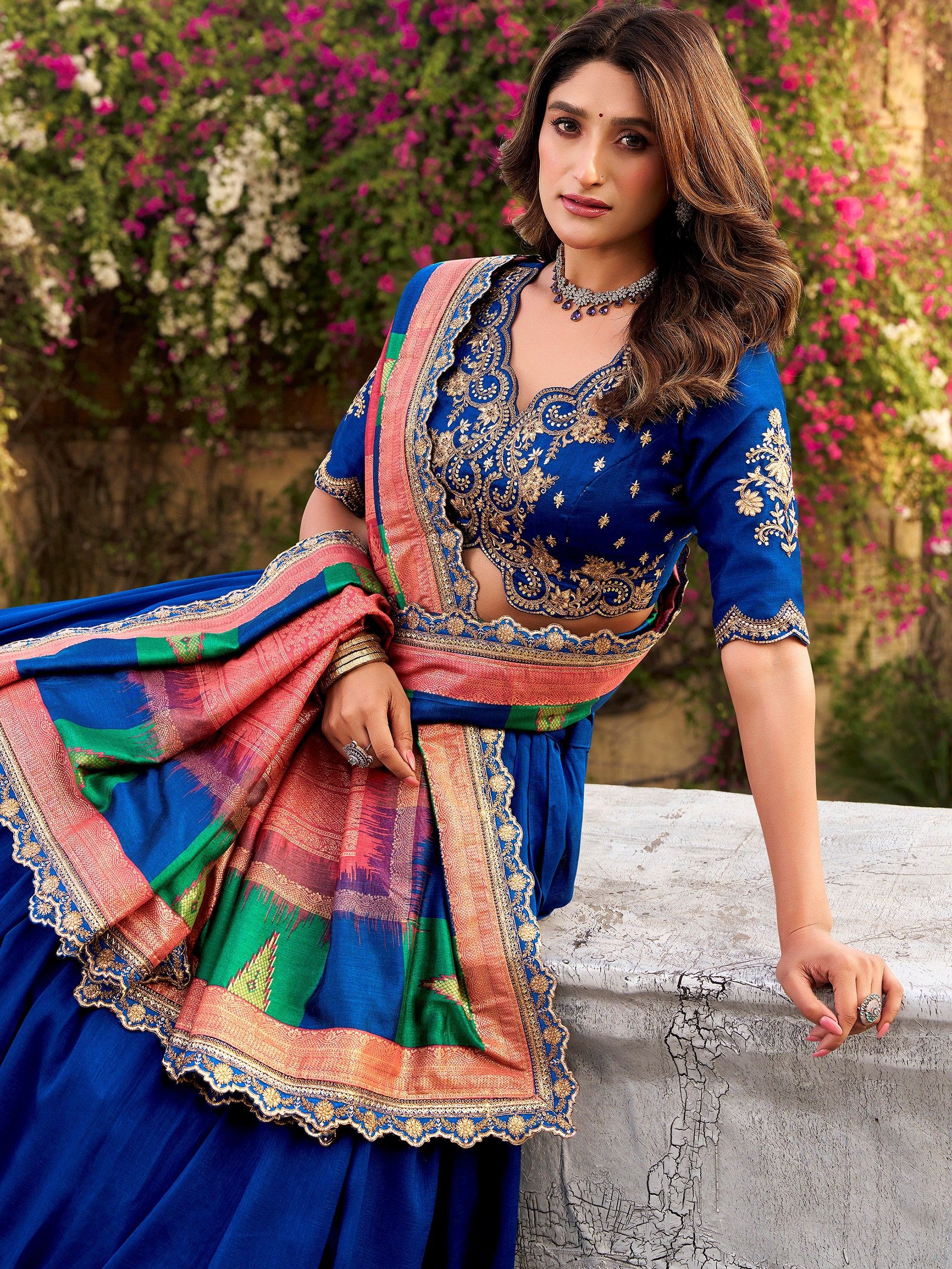 Attractive Blue Embroidered Silk Engagement Wear Lehenga Choli