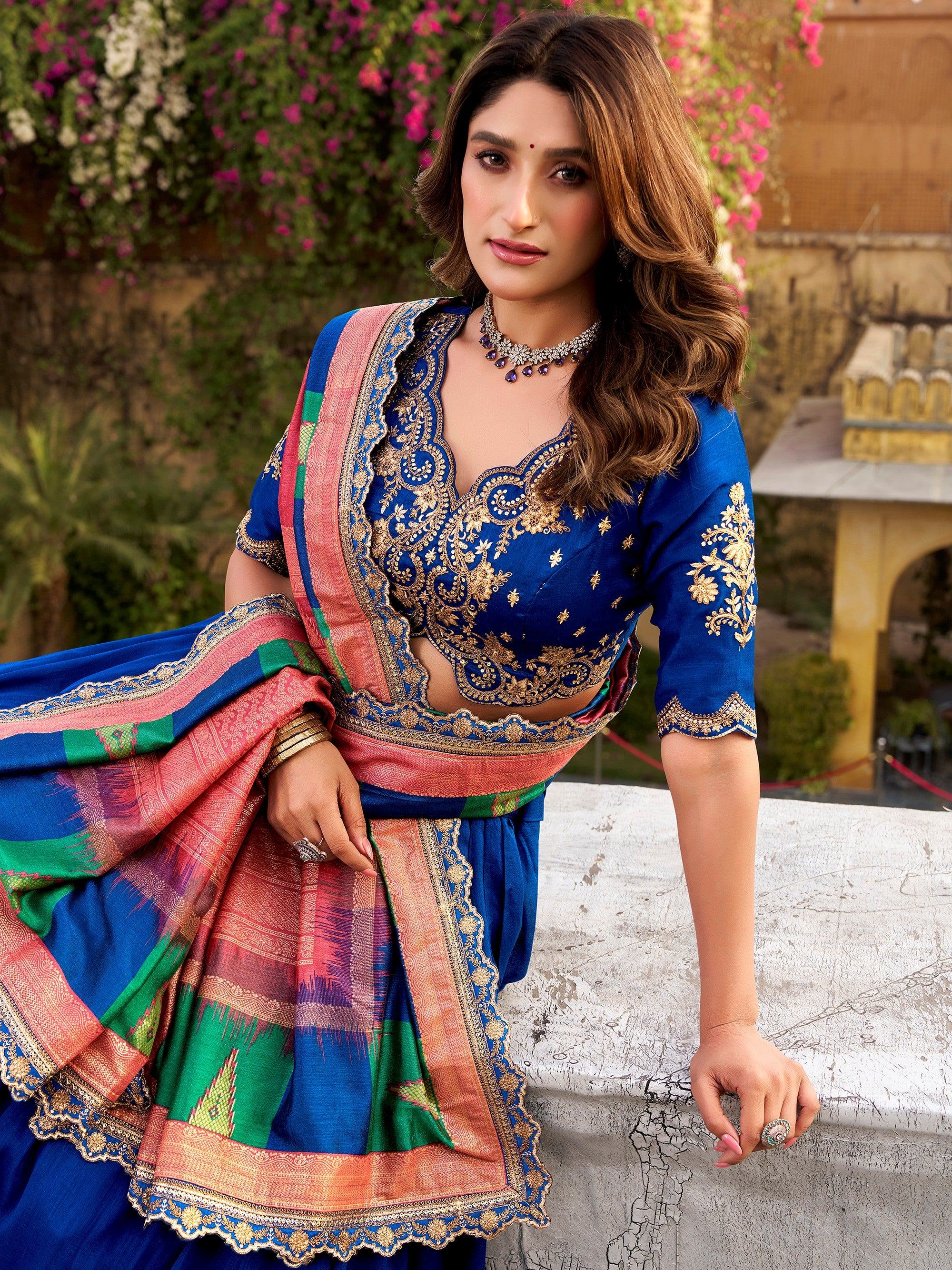 Attractive Blue Embroidered Silk Engagement Wear Lehenga Choli