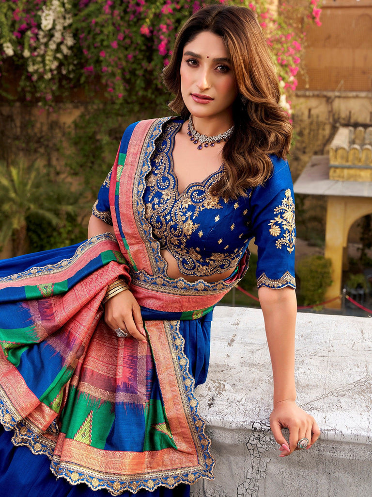 Attractive Blue Embroidered Silk Engagement Wear Lehenga Choli
