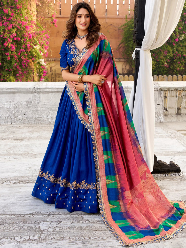 Attractive Blue Embroidered Silk Engagement Wear Lehenga Choli