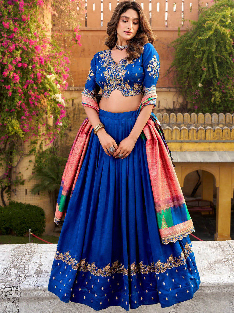 Attractive Blue Embroidered Silk Engagement Wear Lehenga Choli