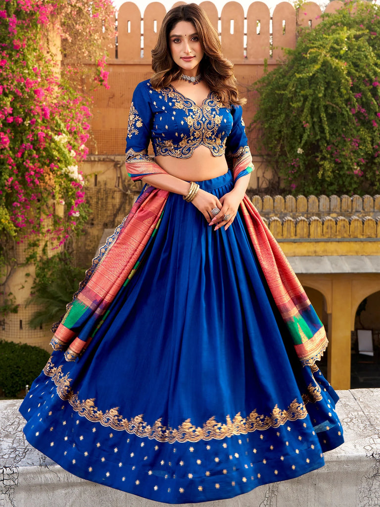 Attractive Blue Embroidered Silk Engagement Wear Lehenga Choli