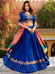 Attractive Blue Embroidered Silk Engagement Wear Lehenga Choli