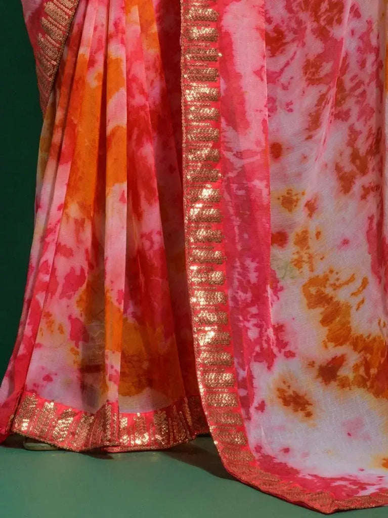Capricious Red Shibori Printed Chiffon Saree With Sequins blouse