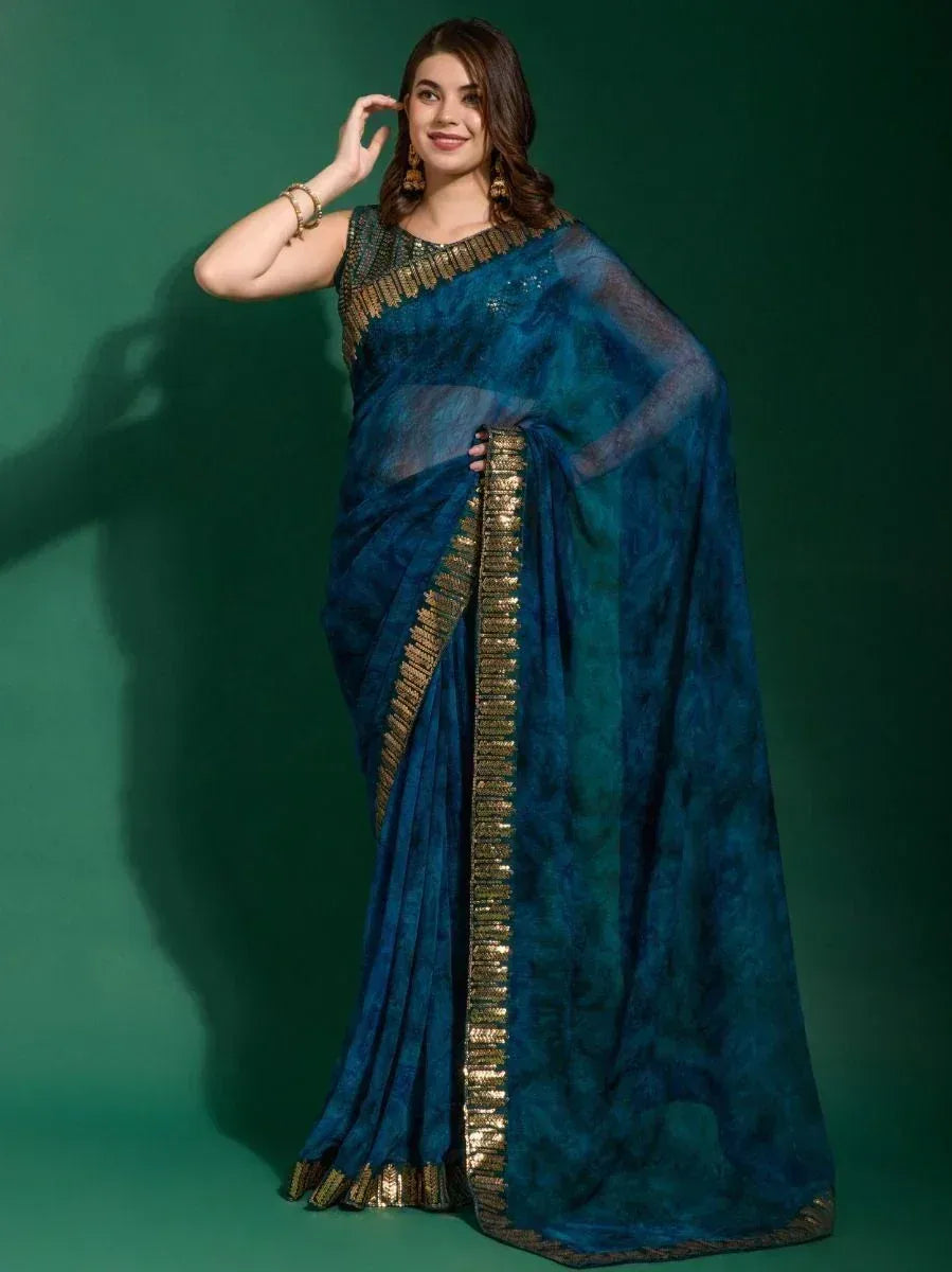 Elegant blue designer saree with gold sequin border, perfect for Indian ethnic occasions