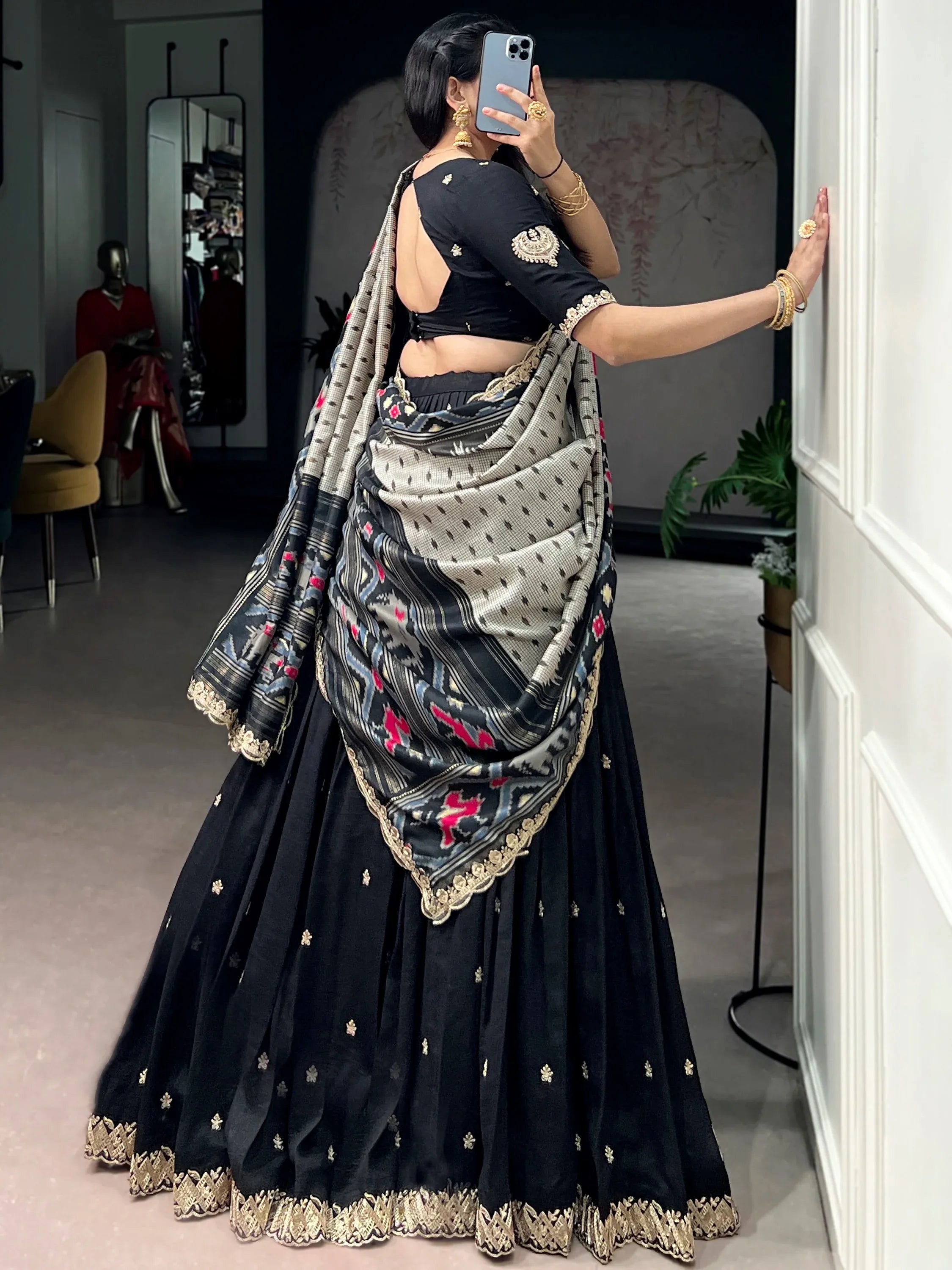 Captivating Black Sequins Work Silk Designer Half Saree Lehenga