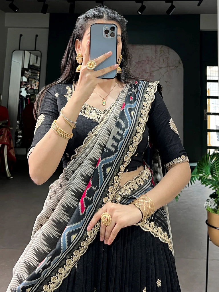 Captivating Black Sequins Work Silk Designer Half Saree Lehenga
