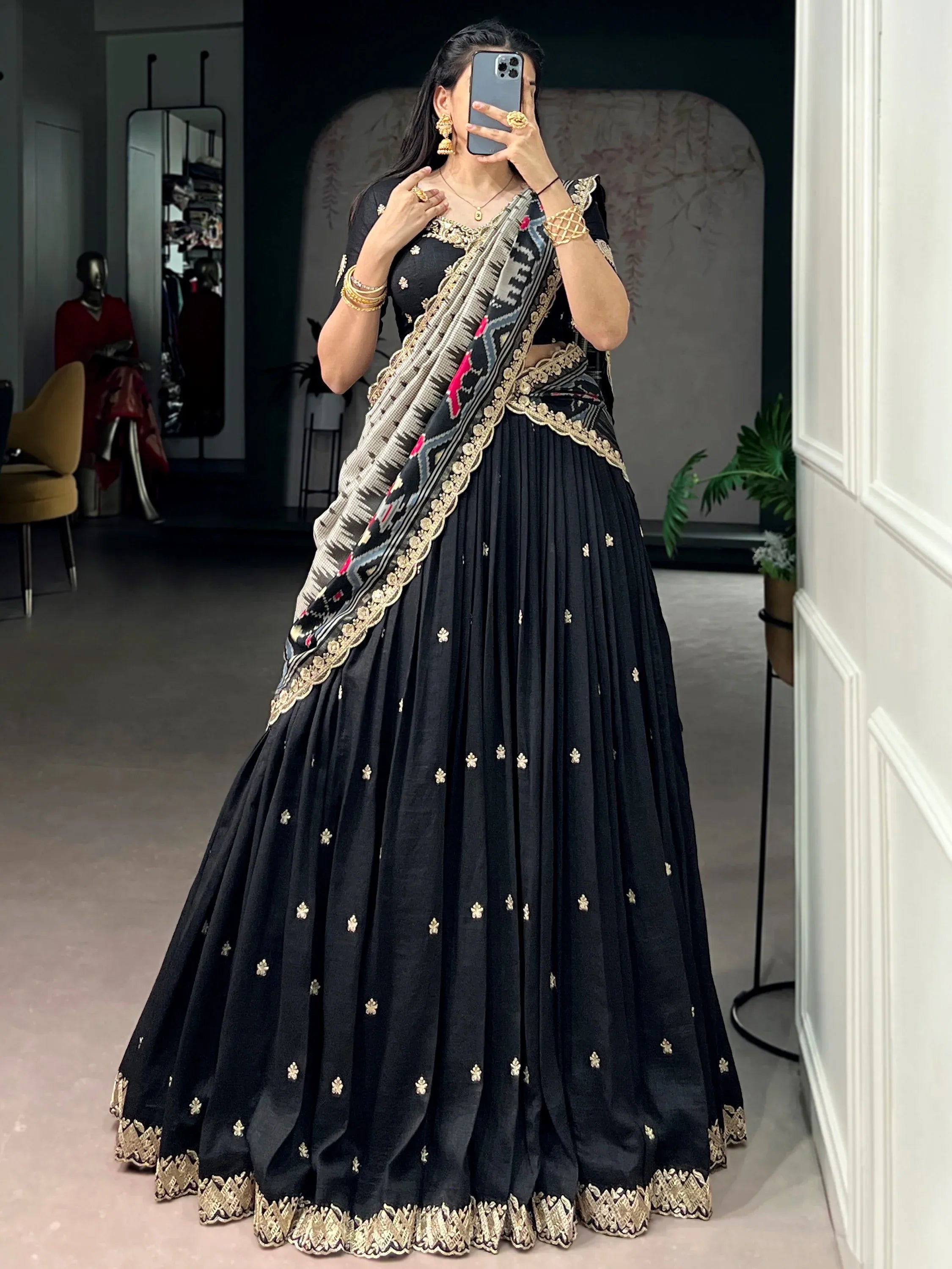 Captivating Black Sequins Work Silk Designer Half Saree Lehenga