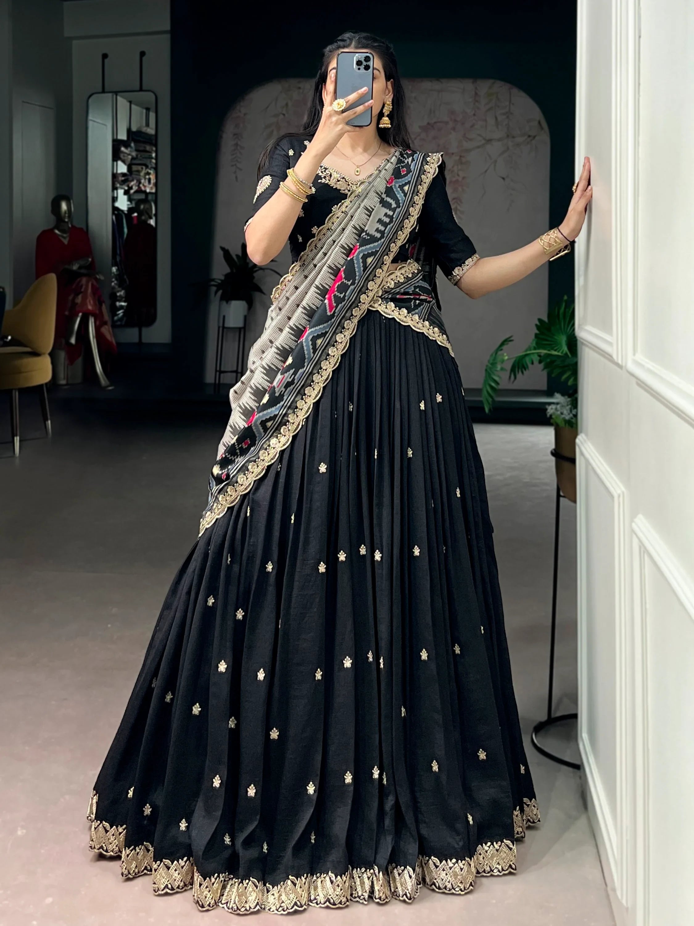 Captivating Black Sequins Work Silk Designer Half Saree Lehenga