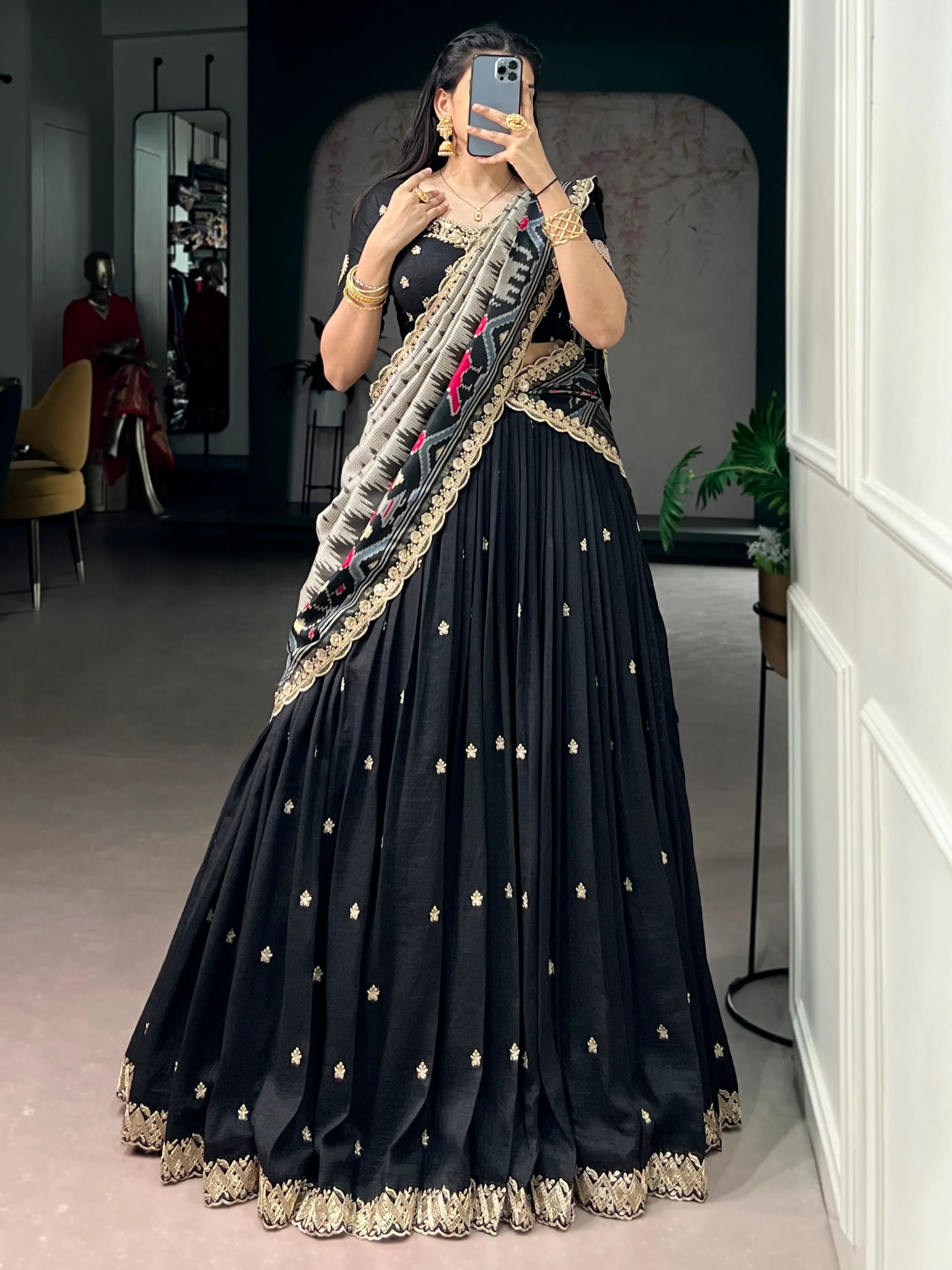 Captivating Black Sequins Work Silk Designer Half Saree Lehenga