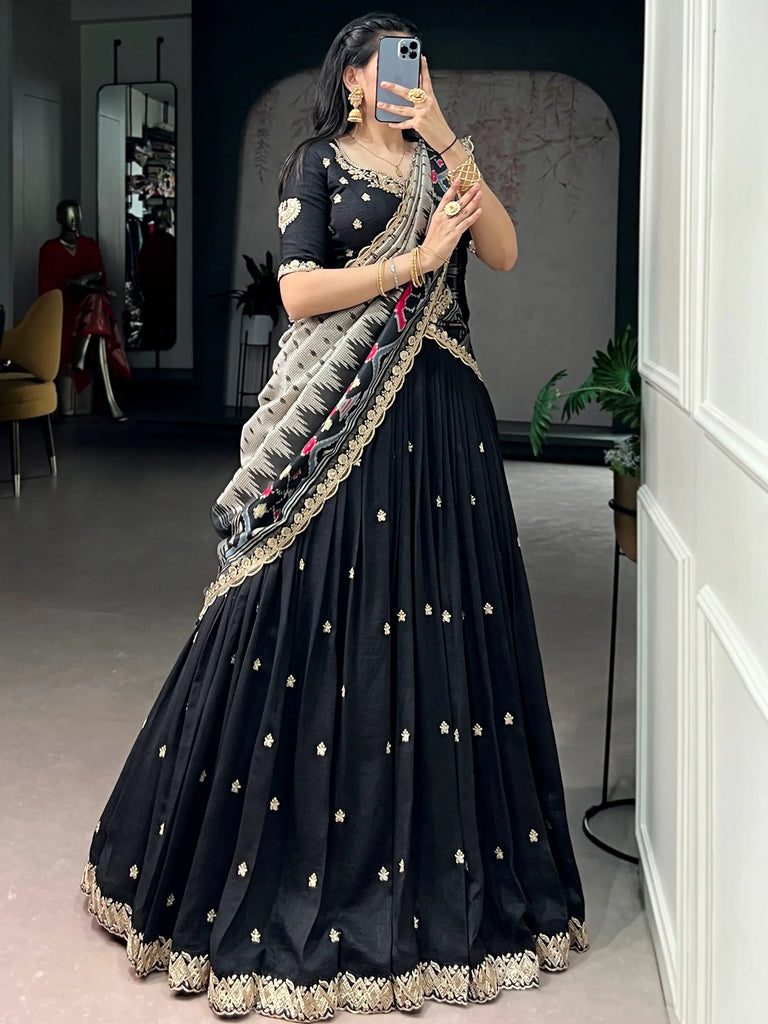 Captivating Black Sequins Work Silk Designer Half Saree Lehenga