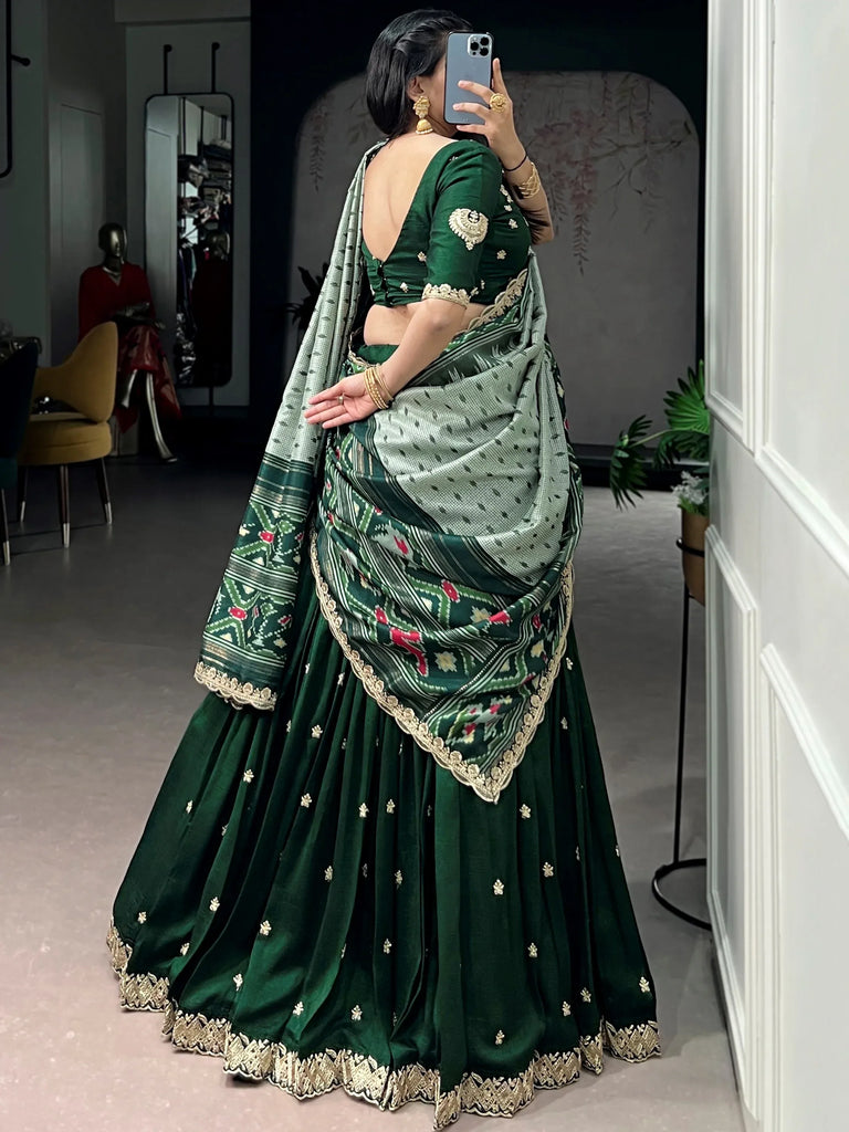 Precious Green Thread Work Silk Mehendi Wear Half Saree Lehenga