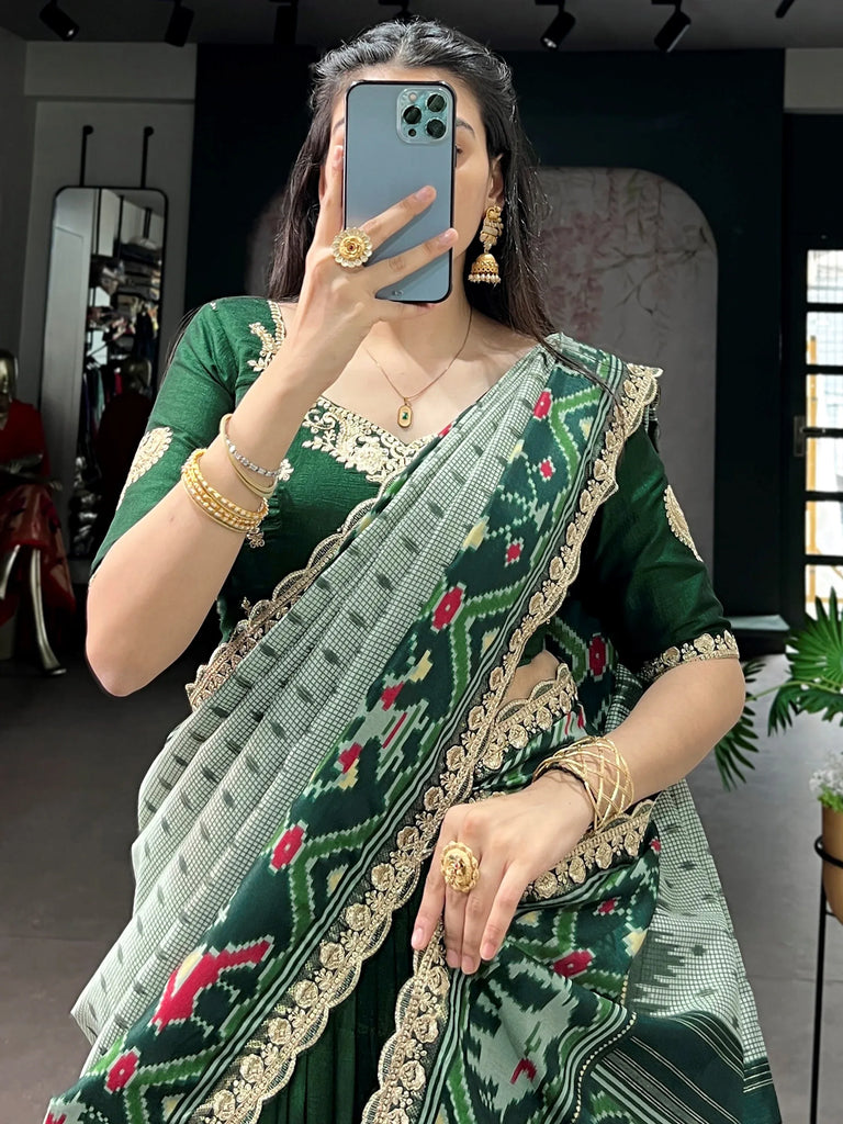 Precious Green Thread Work Silk Mehendi Wear Half Saree Lehenga