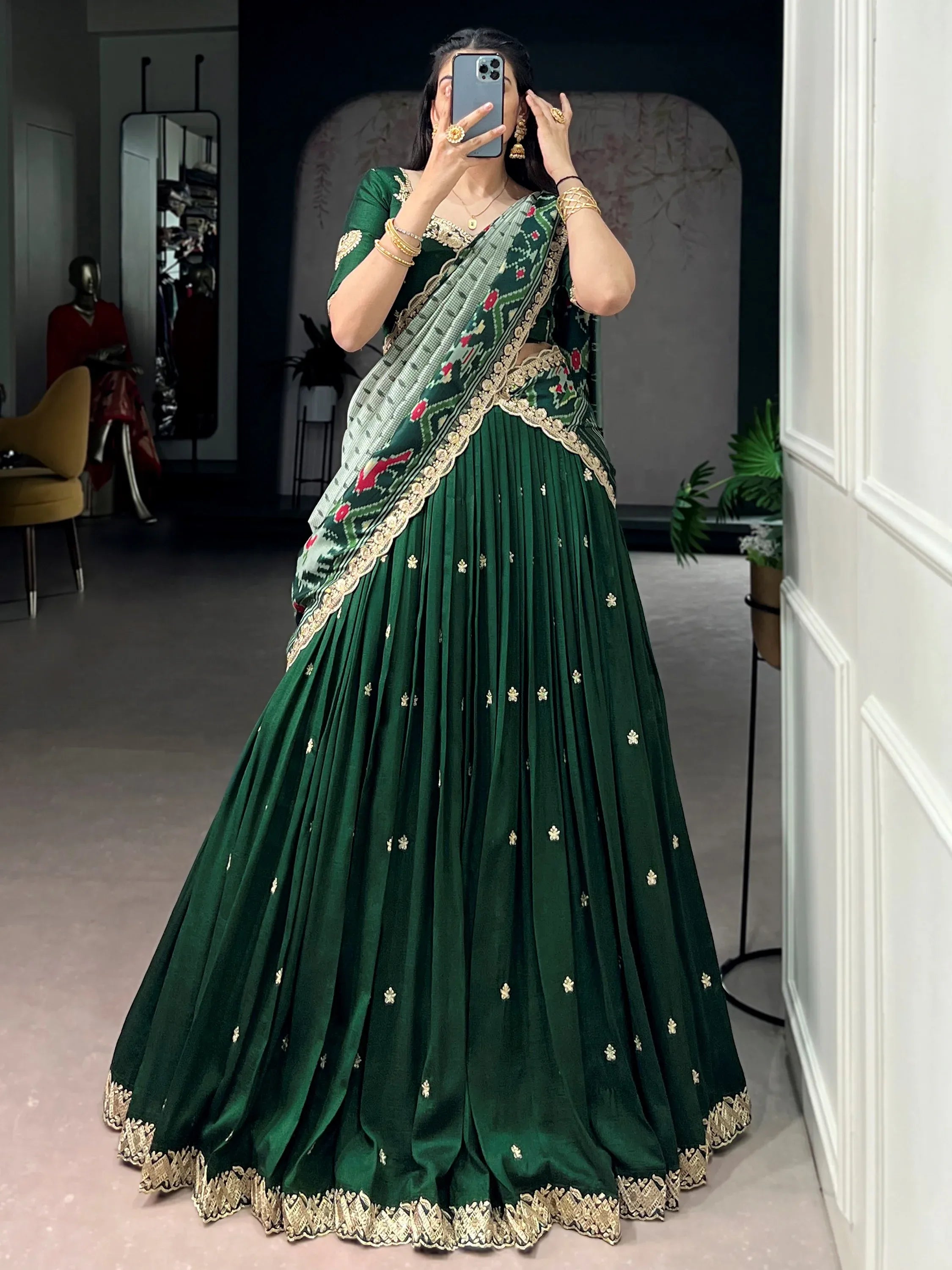 Precious Green Thread Work Silk Mehendi Wear Half Saree Lehenga