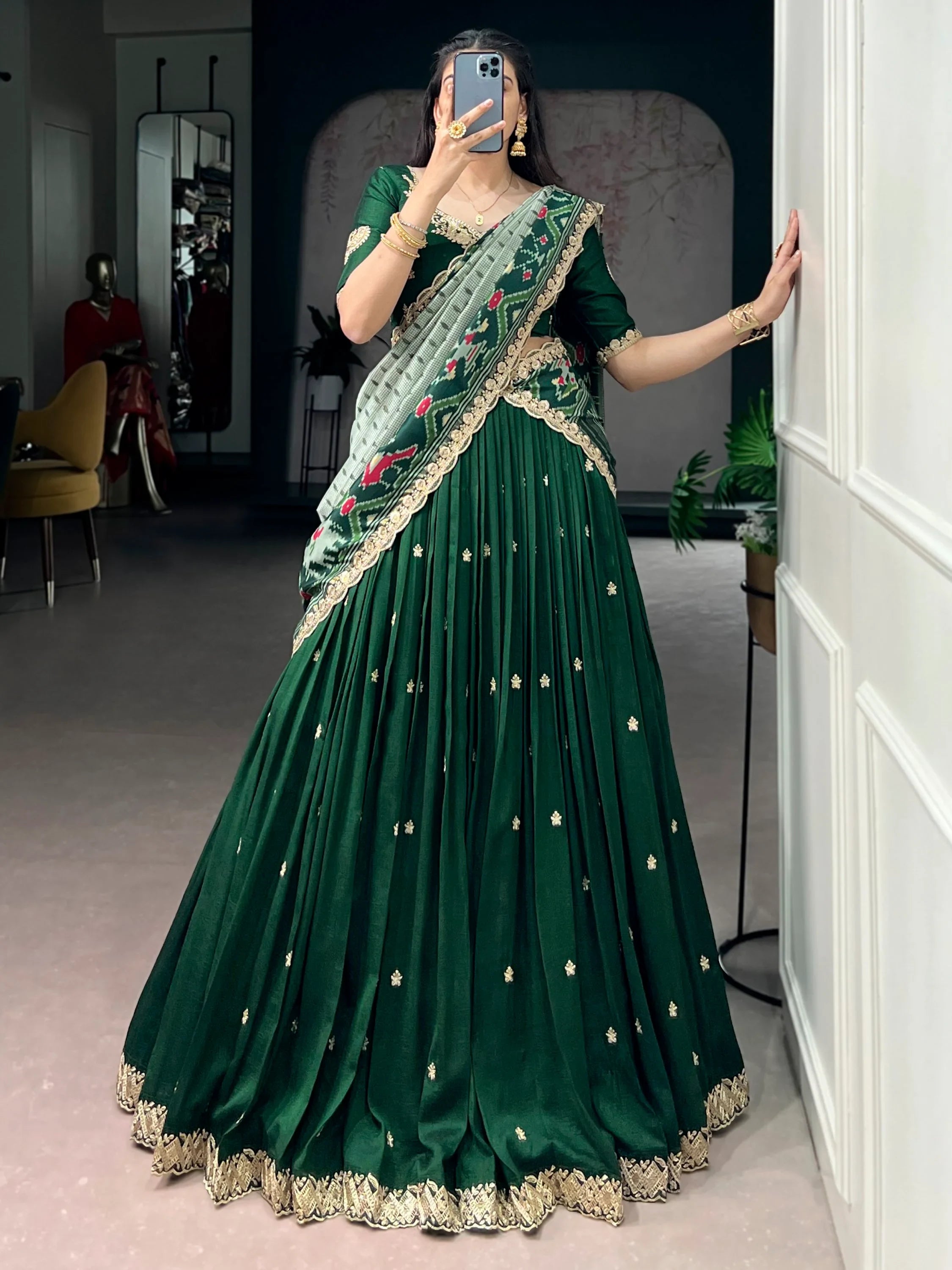 Precious Green Thread Work Silk Mehendi Wear Half Saree Lehenga