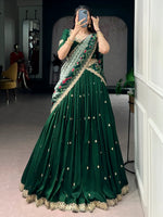 Precious Green Thread Work Silk Mehendi Wear Half Saree Lehenga