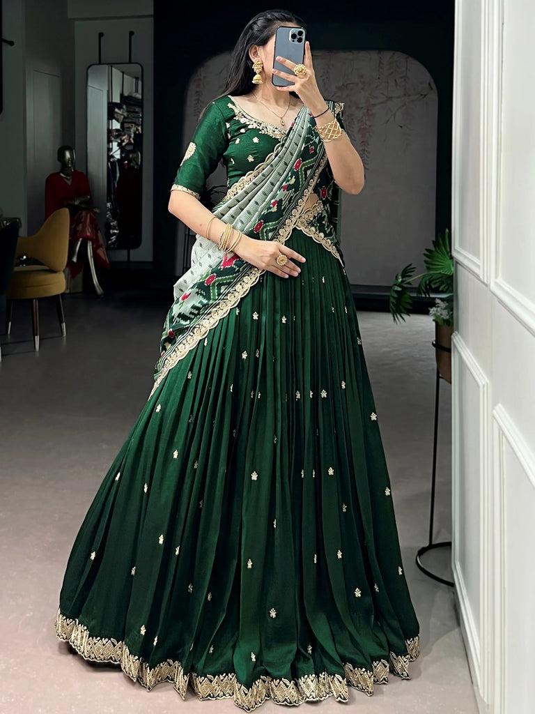 Precious Green Thread Work Silk Mehendi Wear Half Saree Lehenga