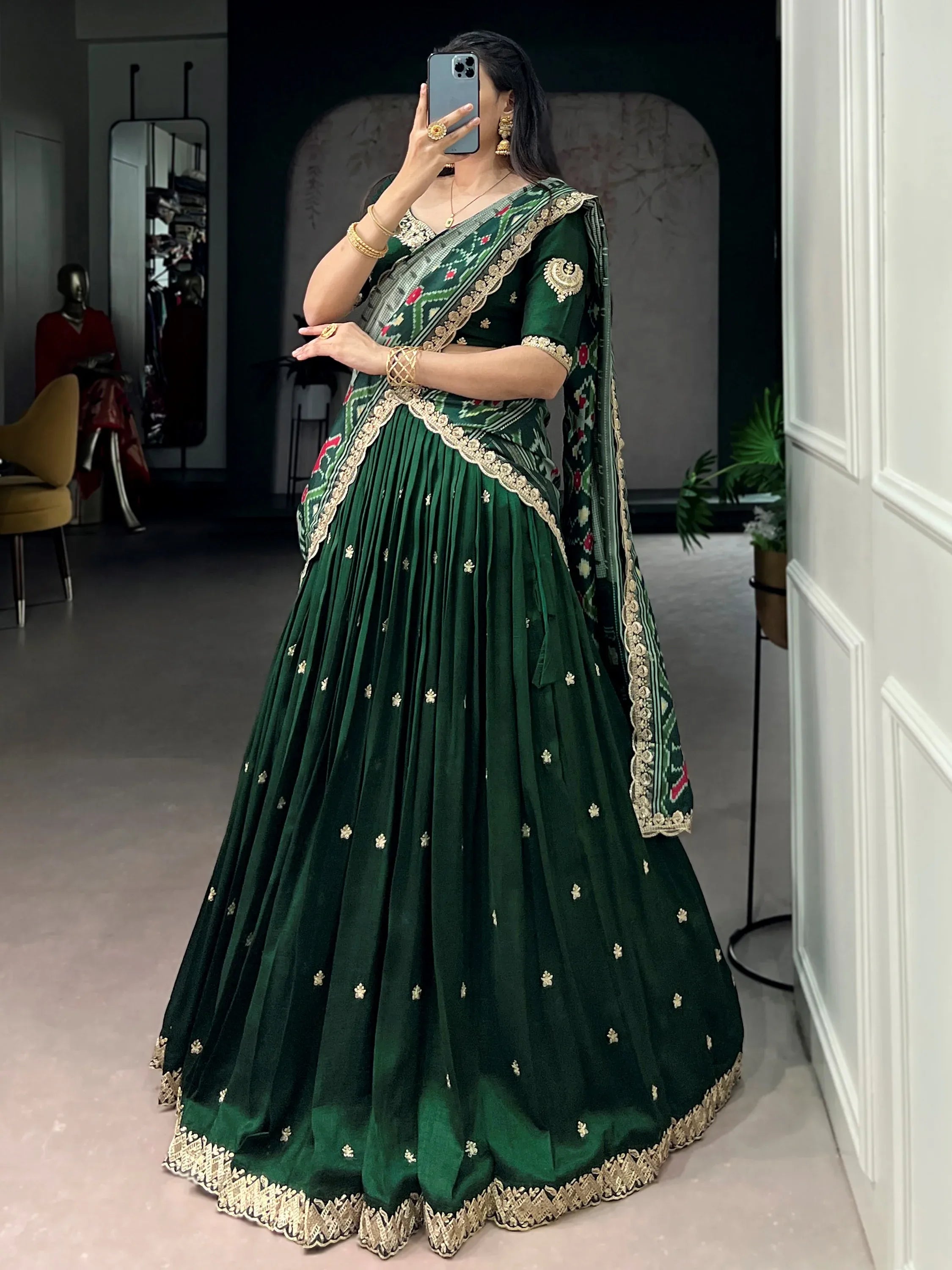 Precious Green Thread Work Silk Mehendi Wear Half Saree Lehenga