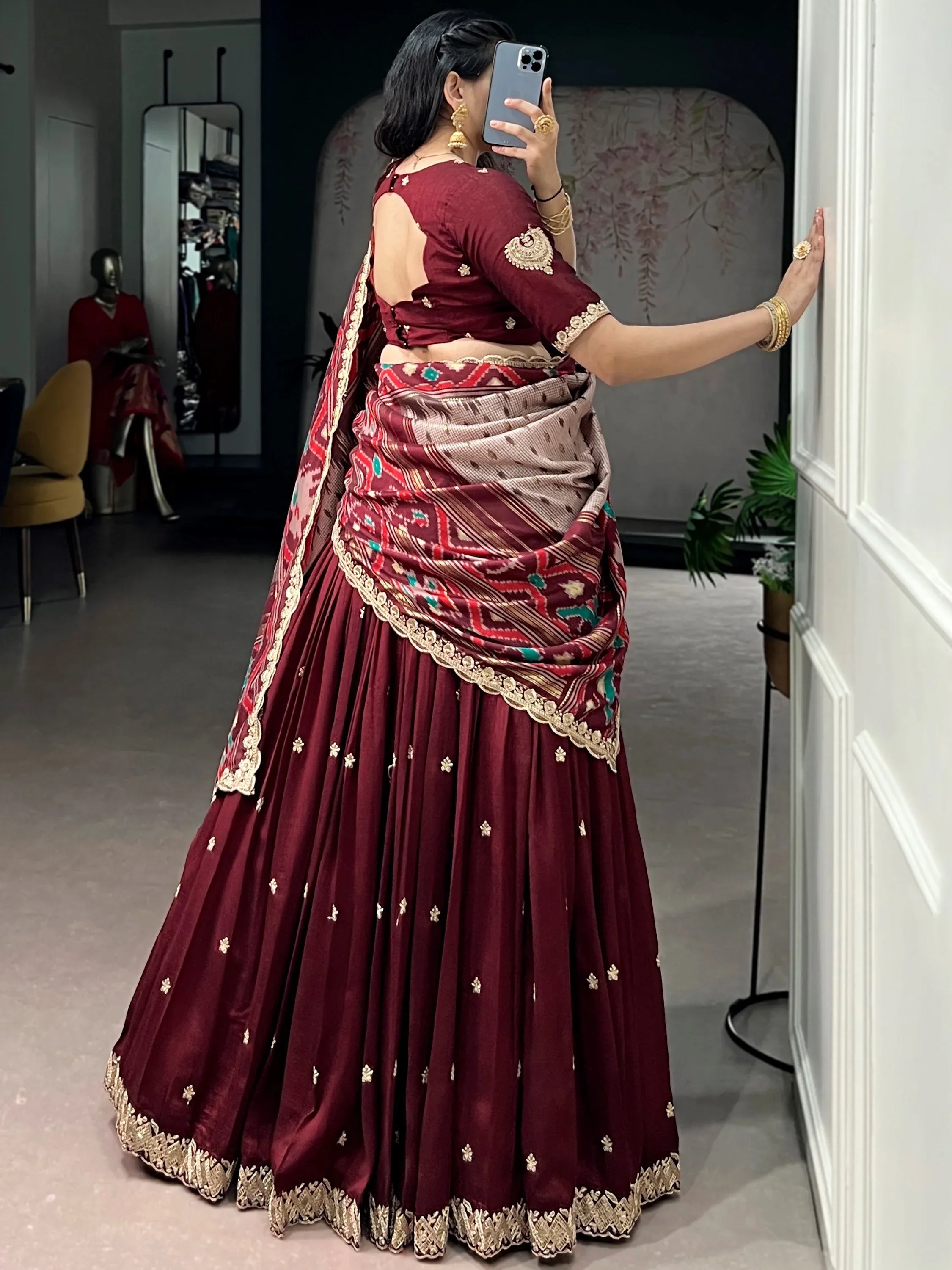 Lovable Maroon Embroidered Silk Wedding Wear Half Saree Lehenga