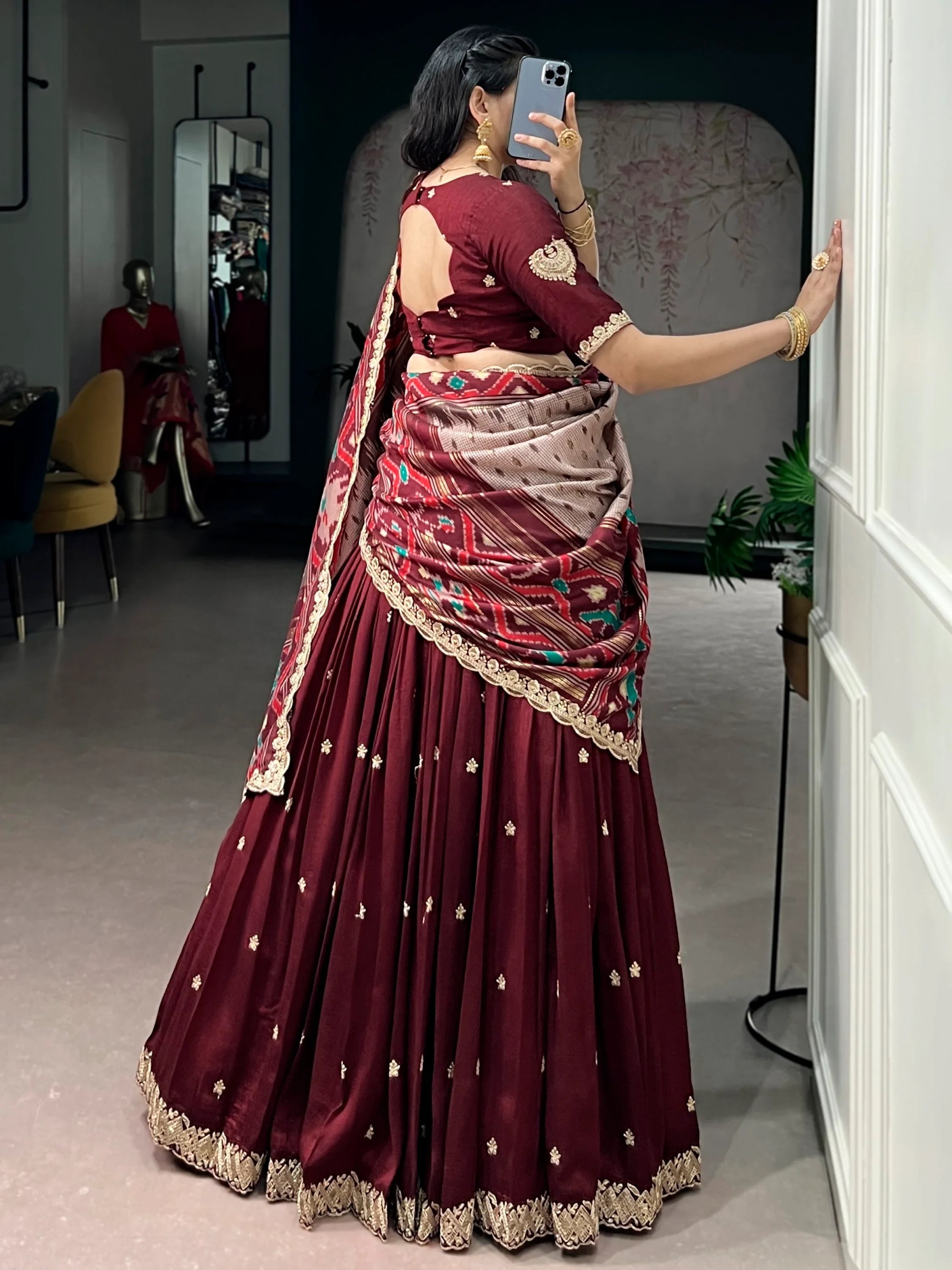Lovable Maroon Embroidered Silk Wedding Wear Half Saree Lehenga
