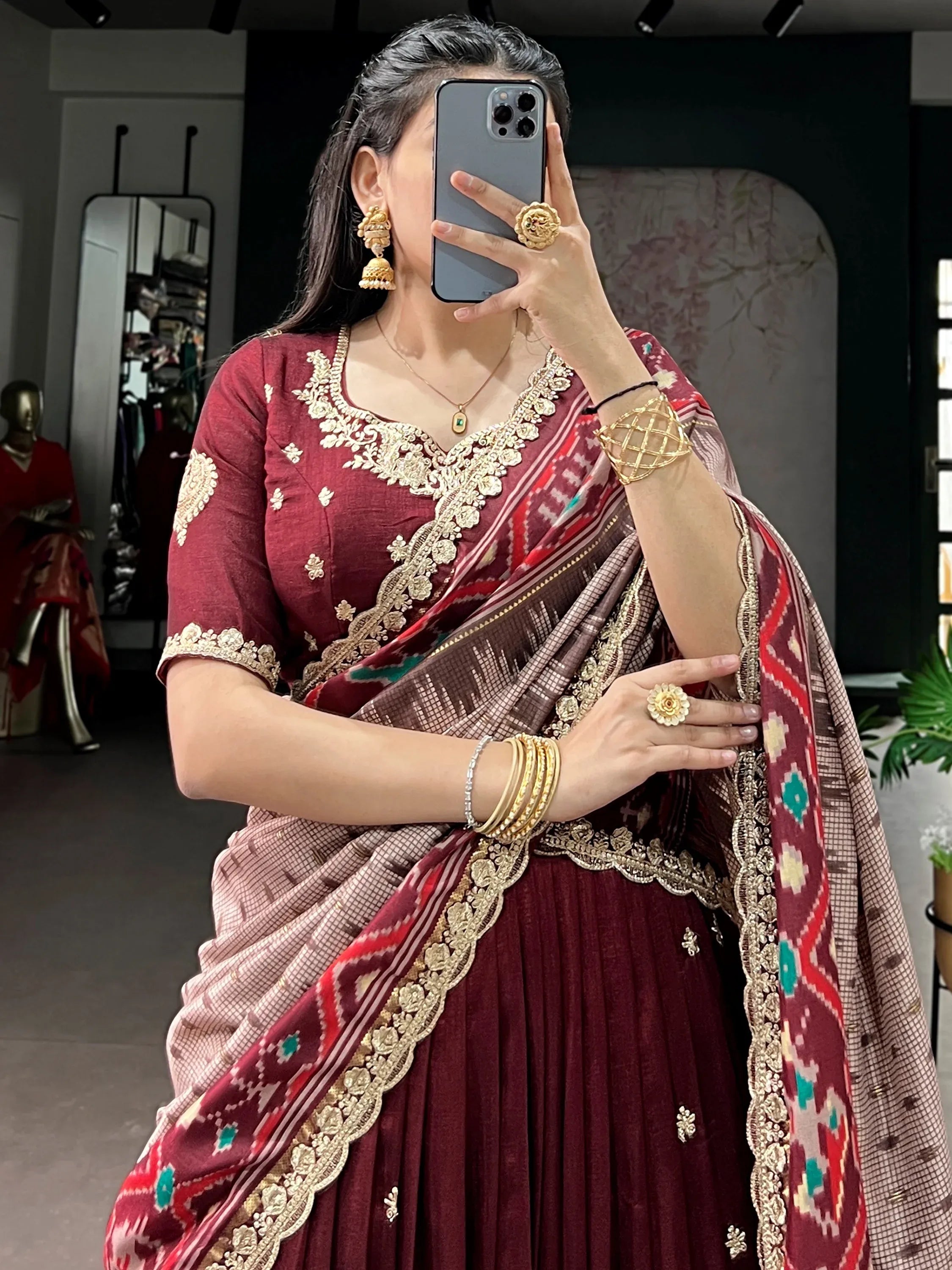 Lovable Maroon Embroidered Silk Wedding Wear Half Saree Lehenga