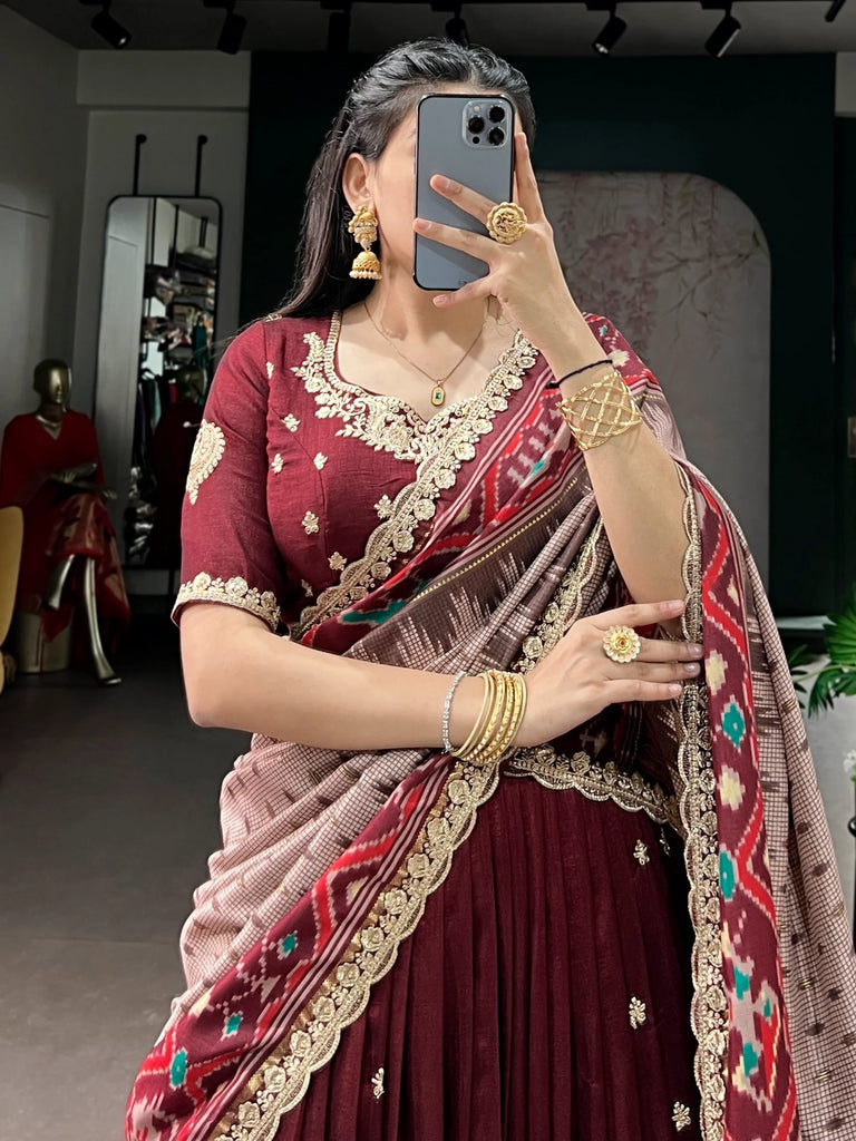 Lovable Maroon Embroidered Silk Wedding Wear Half Saree Lehenga