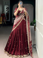 Lovable Maroon Embroidered Silk Wedding Wear Half Saree Lehenga