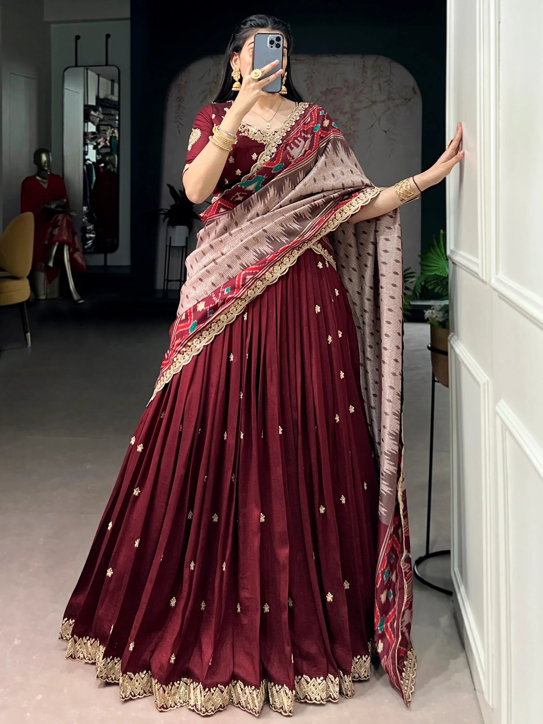 Lovable Maroon Embroidered Silk Wedding Wear Half Saree Lehenga