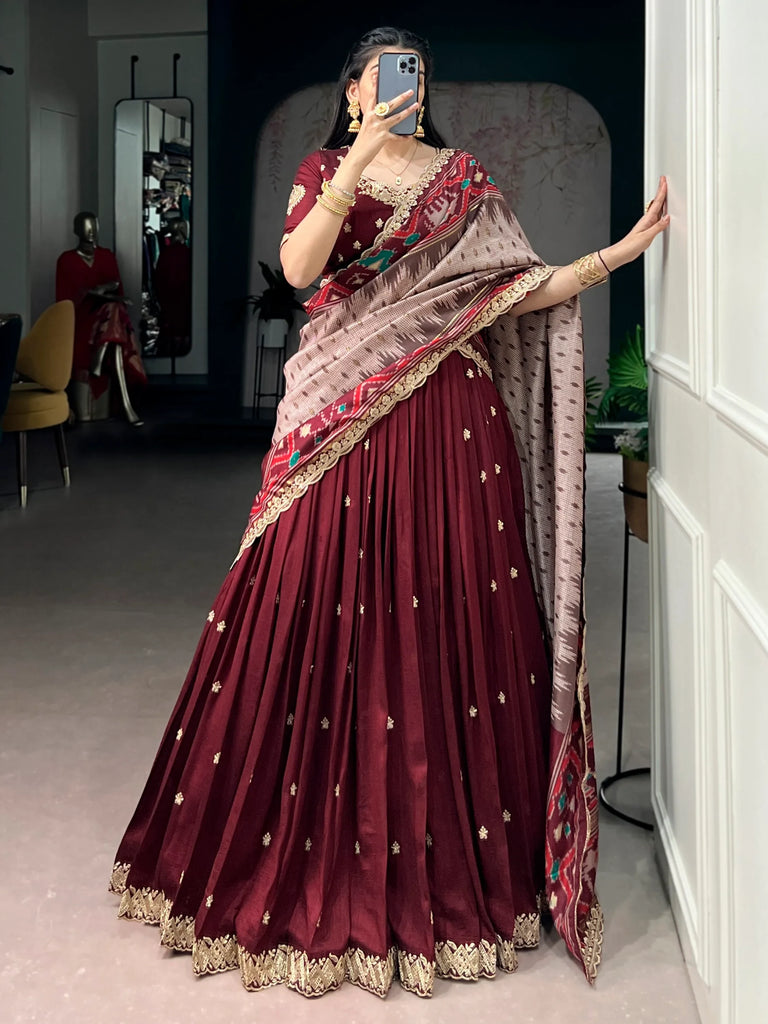 Lovable Maroon Embroidered Silk Wedding Wear Half Saree Lehenga