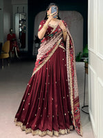 Lovable Maroon Embroidered Silk Wedding Wear Half Saree Lehenga