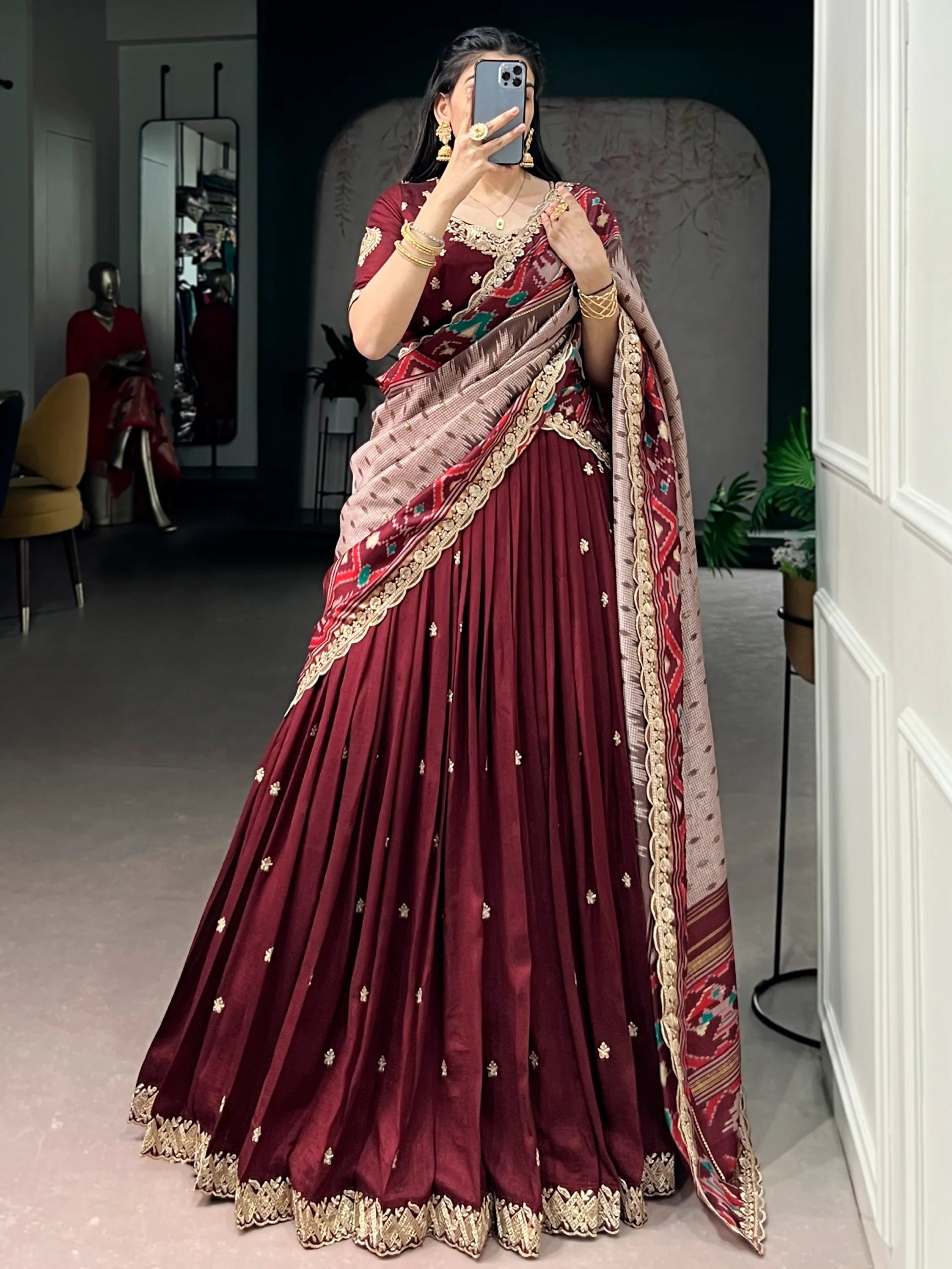 Lovable Maroon Embroidered Silk Wedding Wear Half Saree Lehenga