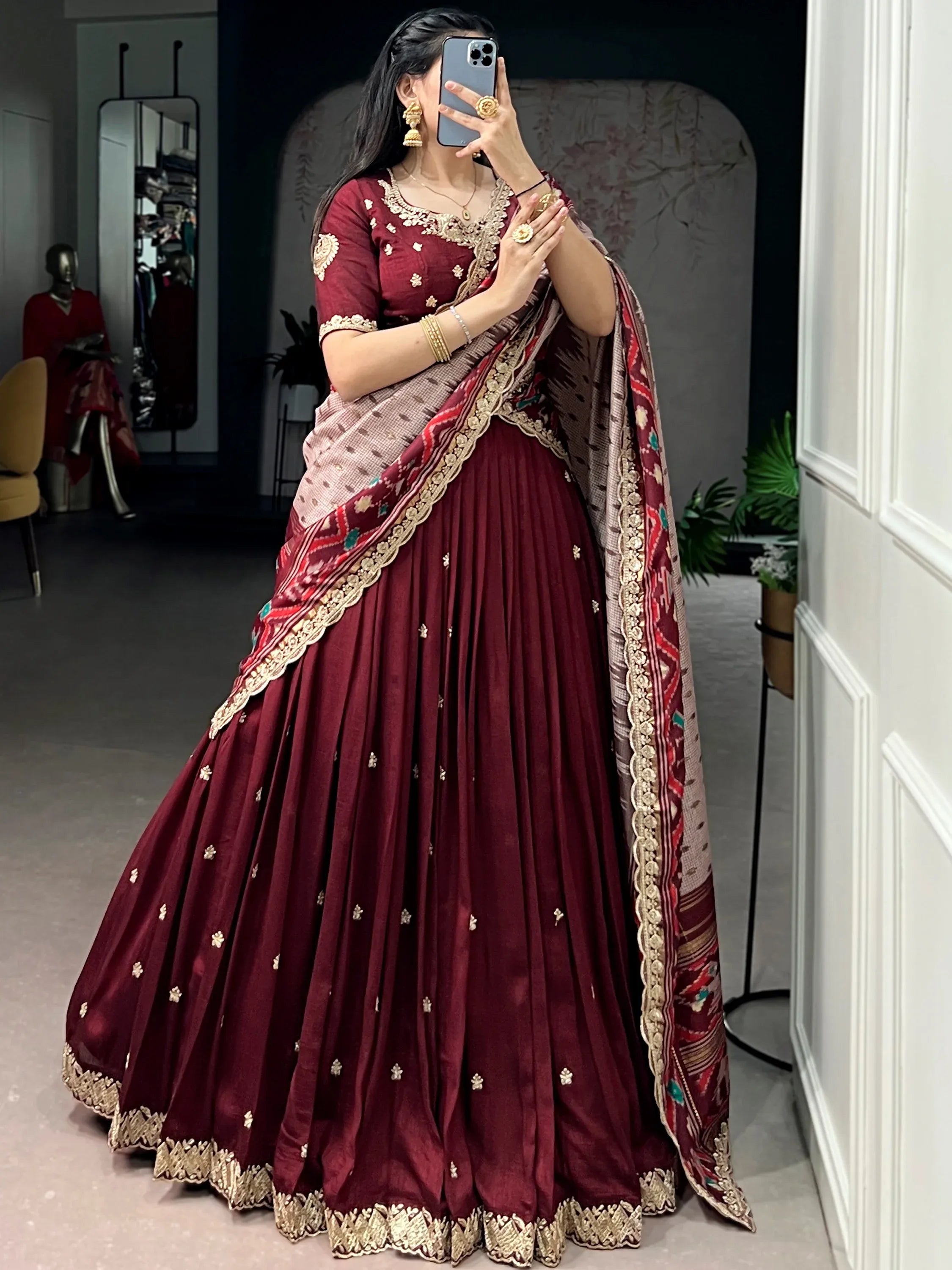Lovable Maroon Embroidered Silk Wedding Wear Half Saree Lehenga