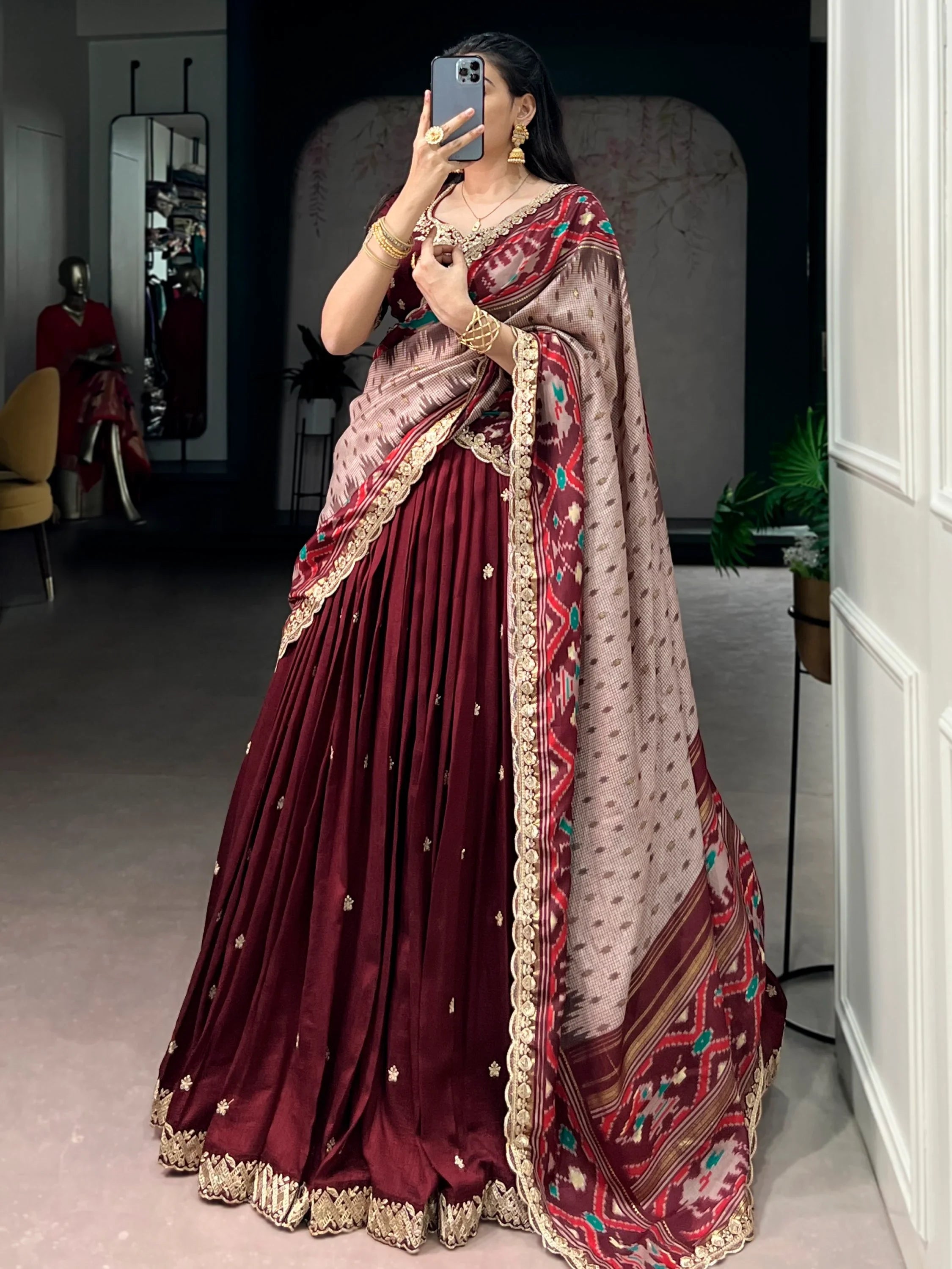 Lovable Maroon Embroidered Silk Wedding Wear Half Saree Lehenga